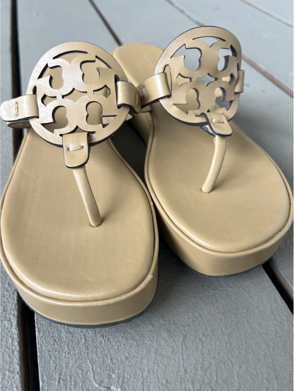TORY BURCH Miller Wedge Sandals Ginger Shortbread Leather Women's Shoes 7.5 - Picture 3 of 15